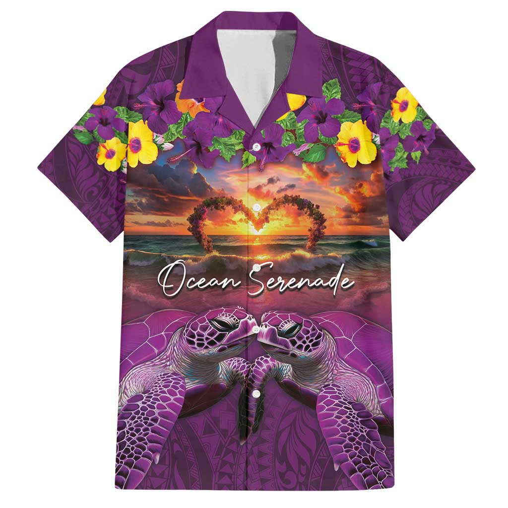 Hawaiian Turtle Love Couple Family Matching Off Shoulder Maxi Dress and Hawaiian Shirt Ocean Serenade - Honu Honi Ihu with Hibiscus and Romantic Sunset Purple Color LT03 Dad's Shirt - Short Sleeve Purple - Polynesian Pride