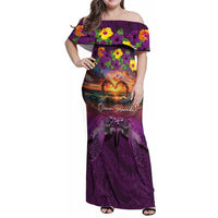 Hawaiian Turtle Love Couple Family Matching Off Shoulder Maxi Dress and Hawaiian Shirt Ocean Serenade - Honu Honi Ihu with Hibiscus and Romantic Sunset Purple Color LT03 Mom's Dress Purple - Polynesian Pride