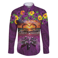 Hawaiian Turtle Love Couple Family Matching Off Shoulder Short Dress and Hawaiian Shirt Ocean Serenade - Honu Honi Ihu with Hibiscus and Romantic Sunset Purple Color