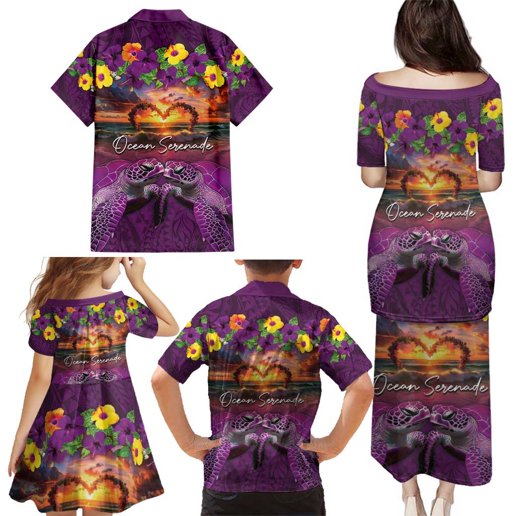 Hawaiian Turtle Love Couple Family Matching Puletasi and Hawaiian Shirt Ocean Serenade - Honu Honi Ihu with Hibiscus and Romantic Sunset Purple Color LT03 - Polynesian Pride