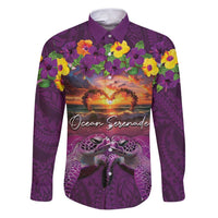 Hawaiian Turtle Love Couple Family Matching Puletasi and Hawaiian Shirt Ocean Serenade - Honu Honi Ihu with Hibiscus and Romantic Sunset Purple Color LT03 Dad's Shirt - Long Sleeve Purple - Polynesian Pride