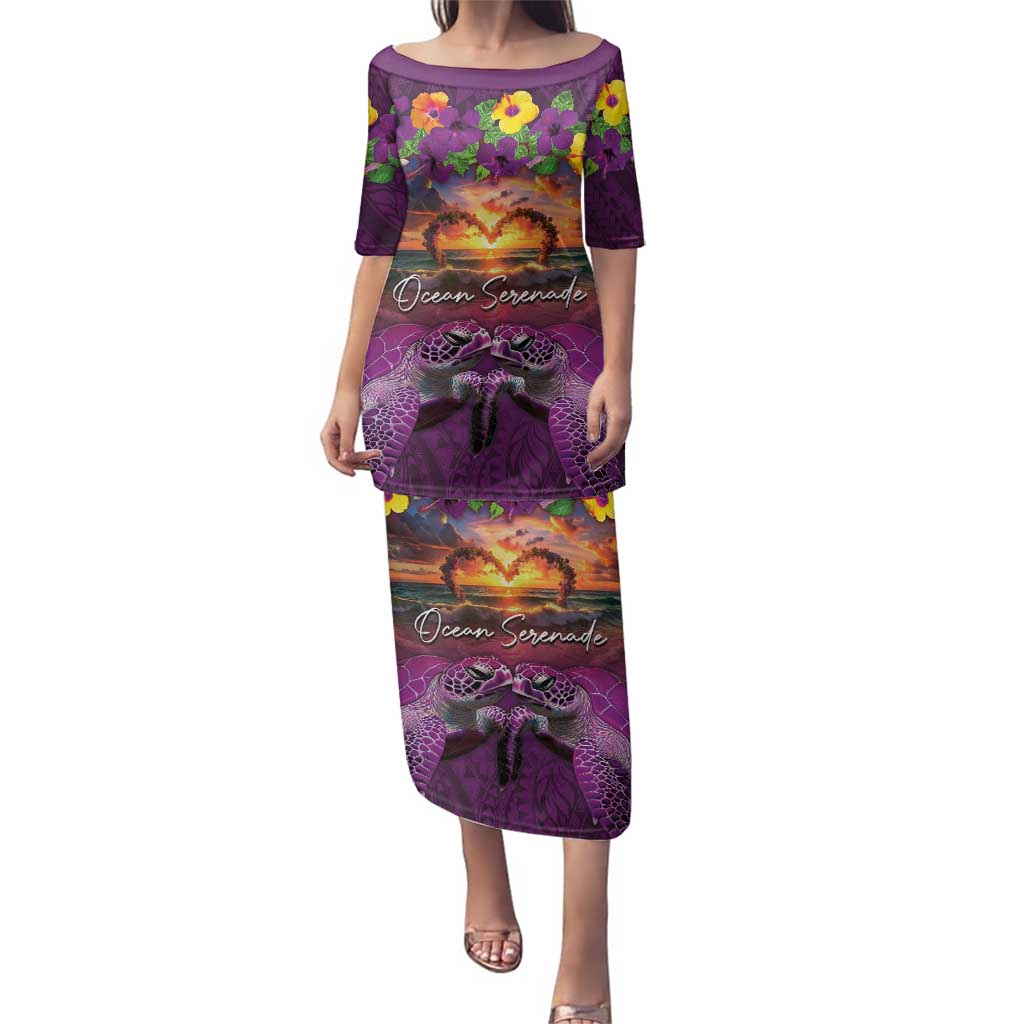 Hawaiian Turtle Love Couple Family Matching Puletasi and Hawaiian Shirt Ocean Serenade - Honu Honi Ihu with Hibiscus and Romantic Sunset Purple Color LT03 Mom's Dress Purple - Polynesian Pride