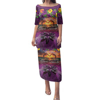 Hawaiian Turtle Love Couple Family Matching Puletasi and Hawaiian Shirt Ocean Serenade - Honu Honi Ihu with Hibiscus and Romantic Sunset Purple Color LT03 Mom's Dress Purple - Polynesian Pride