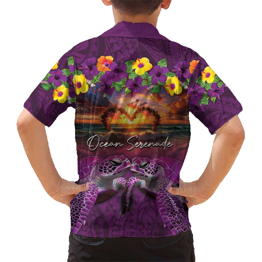 Hawaiian Turtle Love Couple Family Matching Short Sleeve Bodycon Dress and Hawaiian Shirt Ocean Serenade - Honu Honi Ihu with Hibiscus and Romantic Sunset Purple Color