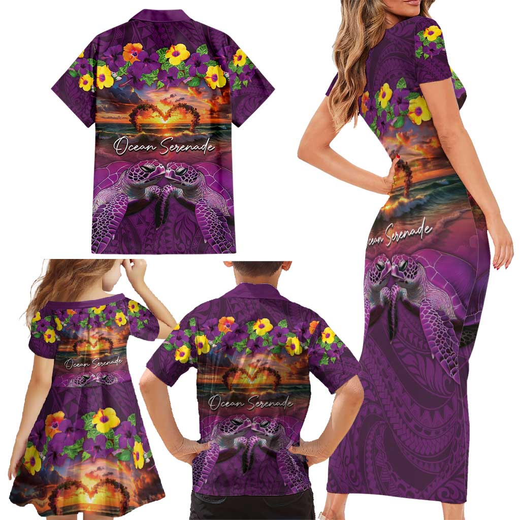 Hawaiian Turtle Love Couple Family Matching Short Sleeve Bodycon Dress and Hawaiian Shirt Ocean Serenade - Honu Honi Ihu with Hibiscus and Romantic Sunset Purple Color