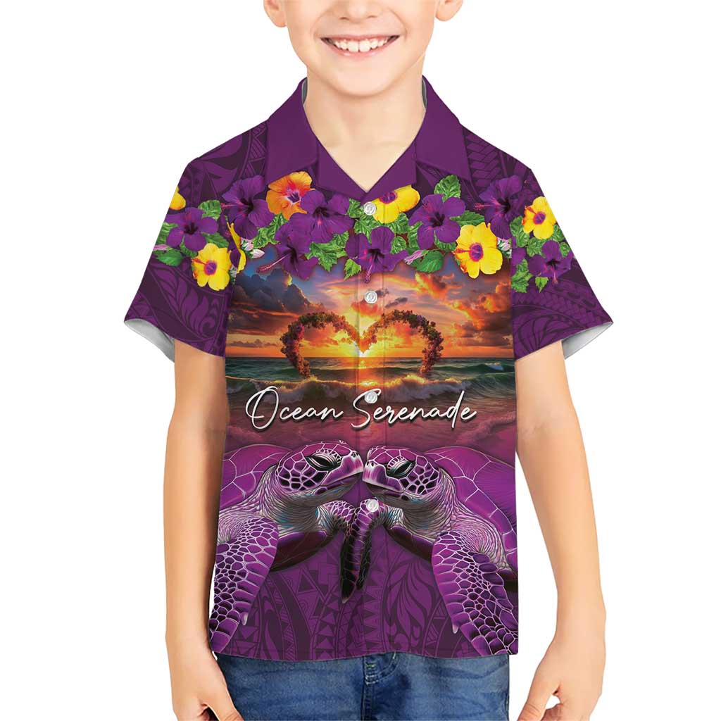 Hawaiian Turtle Love Couple Family Matching Short Sleeve Bodycon Dress and Hawaiian Shirt Ocean Serenade - Honu Honi Ihu with Hibiscus and Romantic Sunset Purple Color