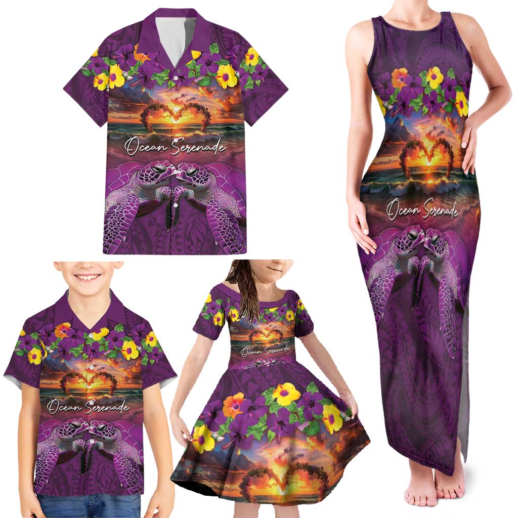 Hawaiian Turtle Love Couple Family Matching Tank Maxi Dress and Hawaiian Shirt Ocean Serenade - Honu Honi Ihu with Hibiscus and Romantic Sunset Purple Color