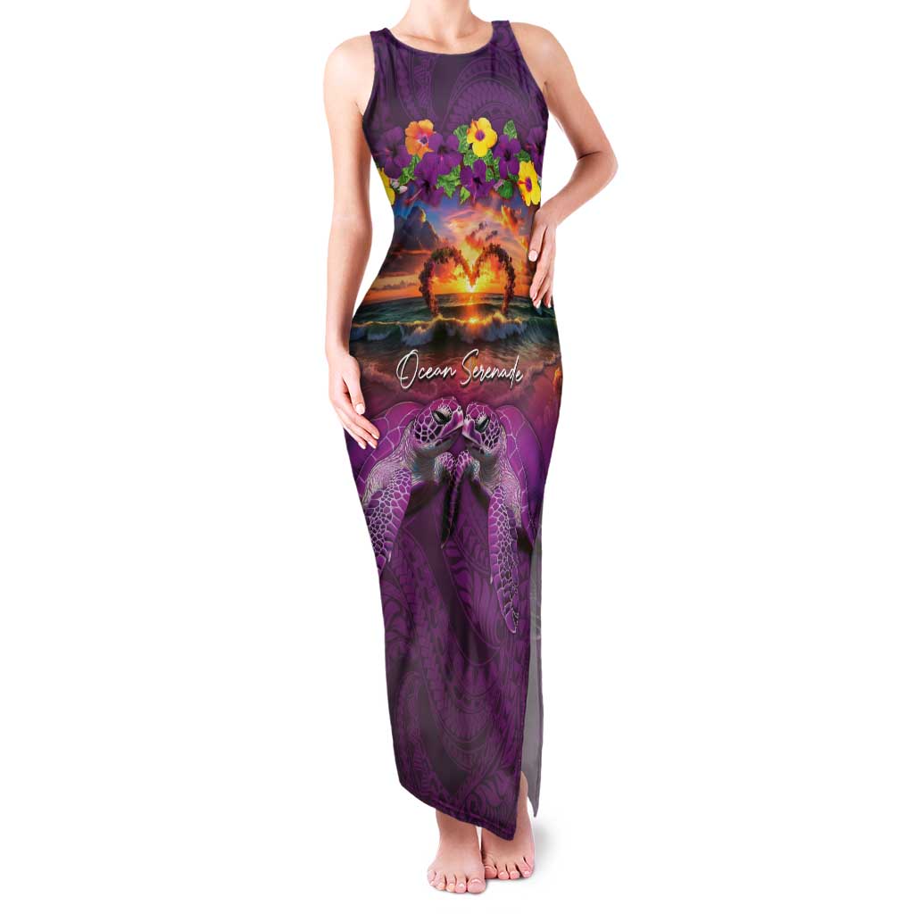 Hawaiian Turtle Love Couple Family Matching Tank Maxi Dress and Hawaiian Shirt Ocean Serenade - Honu Honi Ihu with Hibiscus and Romantic Sunset Purple Color