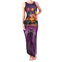 Hawaiian Turtle Love Couple Family Matching Tank Maxi Dress and Hawaiian Shirt Ocean Serenade - Honu Honi Ihu with Hibiscus and Romantic Sunset Purple Color