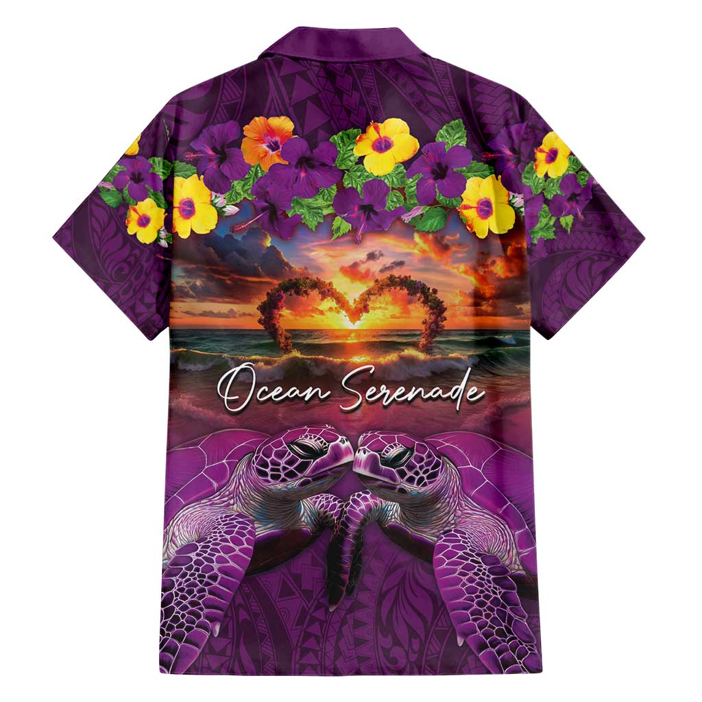 Hawaiian Turtle Love Couple Hawaiian Shirt Ocean Serenade - Honu Honi Ihu with Hibiscus and Romantic Sunset Purple Color LT03 - Polynesian Pride