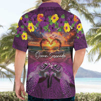 Hawaiian Turtle Love Couple Hawaiian Shirt Ocean Serenade - Honu Honi Ihu with Hibiscus and Romantic Sunset Purple Color LT03 - Polynesian Pride