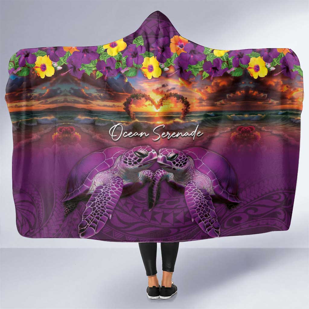 Hawaiian Turtle Love Couple Hooded Blanket Ocean Serenade - Honu Honi Ihu with Hibiscus and Romantic Sunset Purple Color LT03 One Size Purple - Polynesian Pride