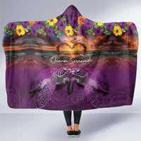 Hawaiian Turtle Love Couple Hooded Blanket Ocean Serenade - Honu Honi Ihu with Hibiscus and Romantic Sunset Purple Color LT03 One Size Purple - Polynesian Pride
