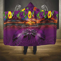 Hawaiian Turtle Love Couple Hooded Blanket Ocean Serenade - Honu Honi Ihu with Hibiscus and Romantic Sunset Purple Color LT03 - Polynesian Pride