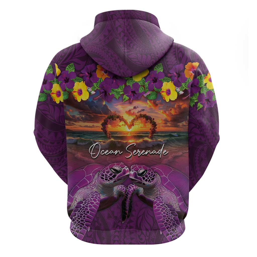Hawaiian Turtle Love Couple Hoodie Ocean Serenade - Honu Honi Ihu with Hibiscus and Romantic Sunset Purple Color LT03 - Polynesian Pride