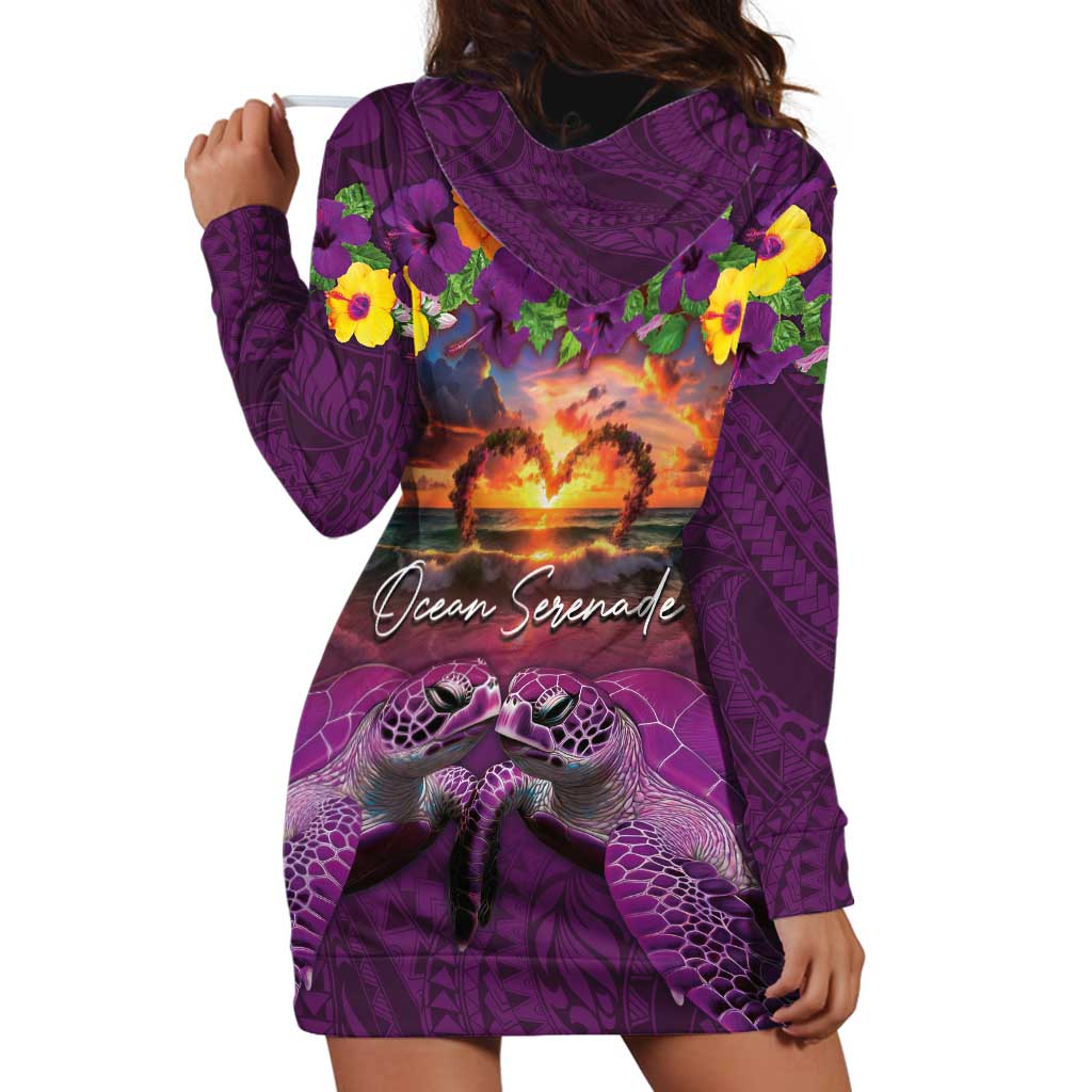Hawaiian Turtle Love Couple Hoodie Dress Ocean Serenade - Honu Honi Ihu with Hibiscus and Romantic Sunset Purple Color LT03 - Polynesian Pride