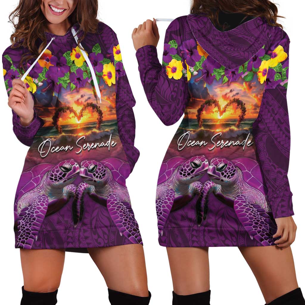 Hawaiian Turtle Love Couple Hoodie Dress Ocean Serenade - Honu Honi Ihu with Hibiscus and Romantic Sunset Purple Color LT03 - Polynesian Pride