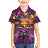 Hawaiian Turtle Love Couple Kid Hawaiian Shirt Ocean Serenade - Honu Honi Ihu with Hibiscus and Romantic Sunset Purple Color LT03 Kid Purple - Polynesian Pride