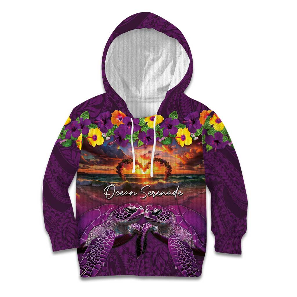 Hawaiian Turtle Love Couple Kid Hoodie Ocean Serenade - Honu Honi Ihu with Hibiscus and Romantic Sunset Purple Color LT03 Hoodie Purple - Polynesian Pride