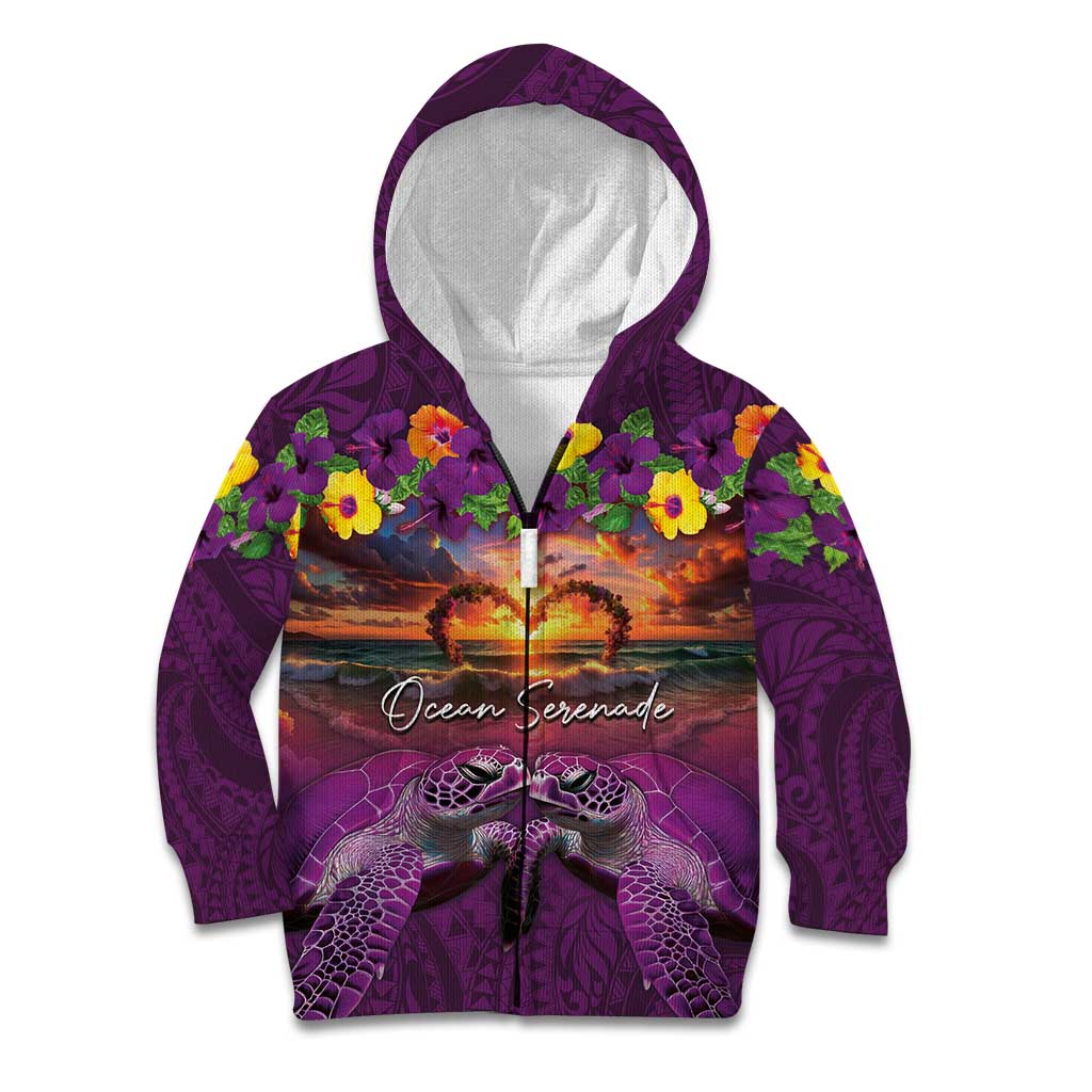 Hawaiian Turtle Love Couple Kid Hoodie Ocean Serenade - Honu Honi Ihu with Hibiscus and Romantic Sunset Purple Color LT03 Zip Hoodie Purple - Polynesian Pride