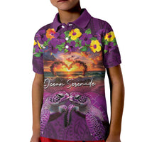 Hawaiian Turtle Love Couple Kid Polo Shirt Ocean Serenade - Honu Honi Ihu with Hibiscus and Romantic Sunset Purple Color LT03 Kid Purple - Polynesian Pride