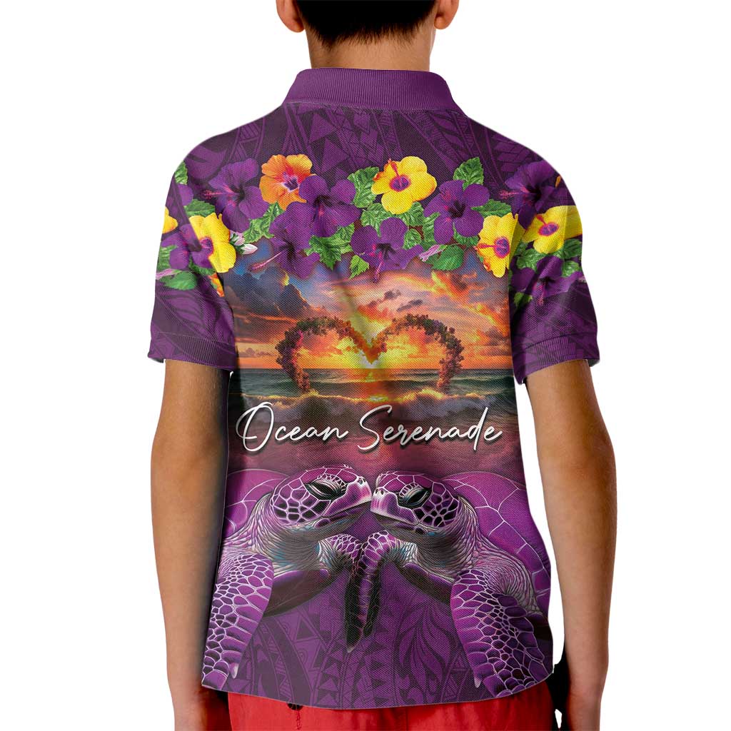 Hawaiian Turtle Love Couple Kid Polo Shirt Ocean Serenade - Honu Honi Ihu with Hibiscus and Romantic Sunset Purple Color LT03 - Polynesian Pride