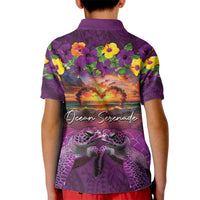 Hawaiian Turtle Love Couple Kid Polo Shirt Ocean Serenade - Honu Honi Ihu with Hibiscus and Romantic Sunset Purple Color LT03 - Polynesian Pride
