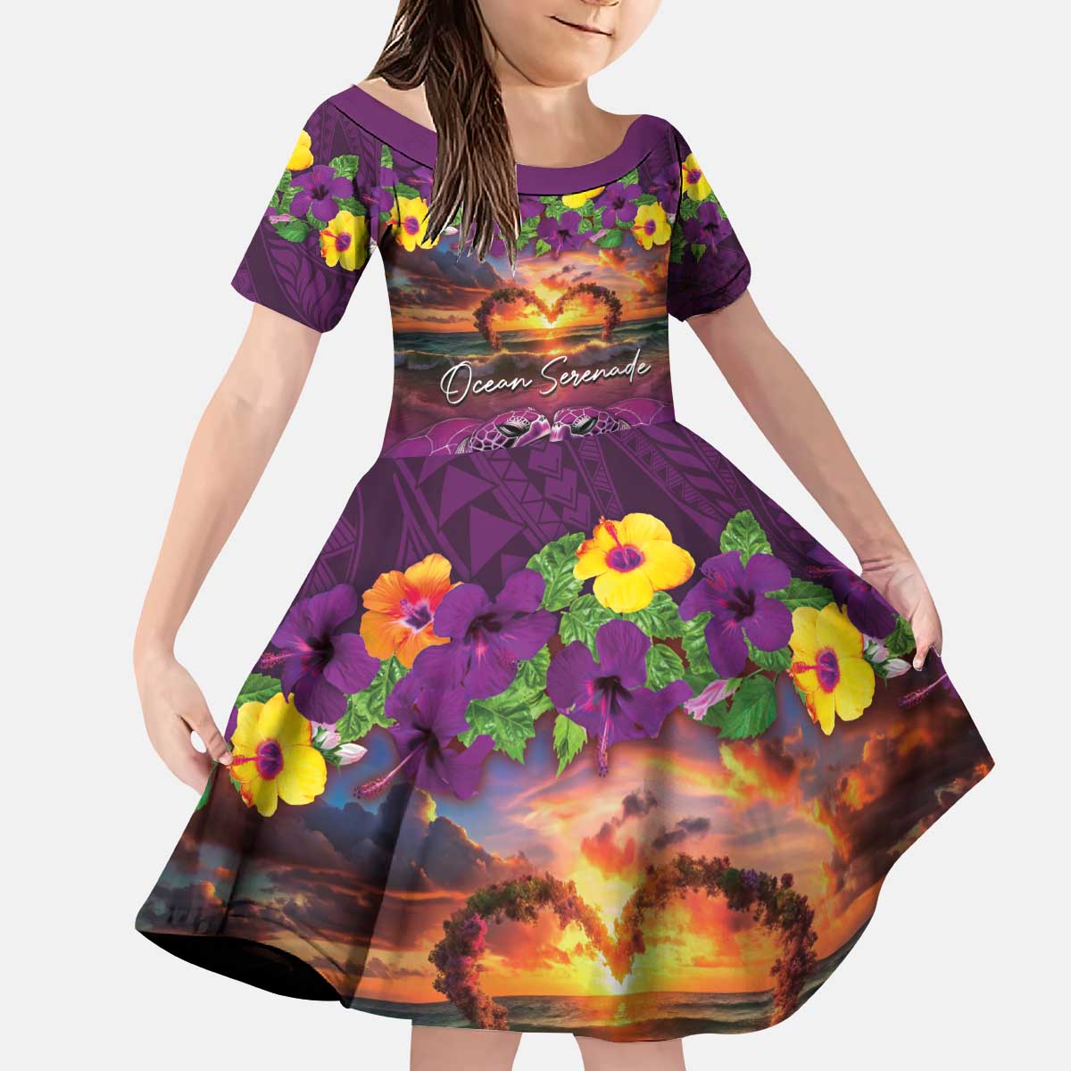 Hawaiian Turtle Love Couple Kid Short Sleeve Dress Ocean Serenade - Honu Honi Ihu with Hibiscus and Romantic Sunset Purple Color LT03 KID Purple - Polynesian Pride