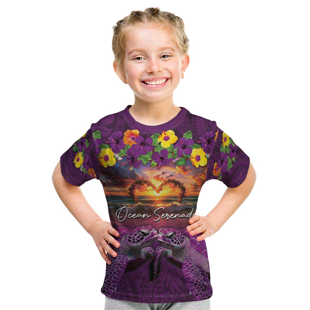 Hawaiian Turtle Love Couple Kid T Shirt Ocean Serenade - Honu Honi Ihu with Hibiscus and Romantic Sunset Purple Color LT03 Purple - Polynesian Pride