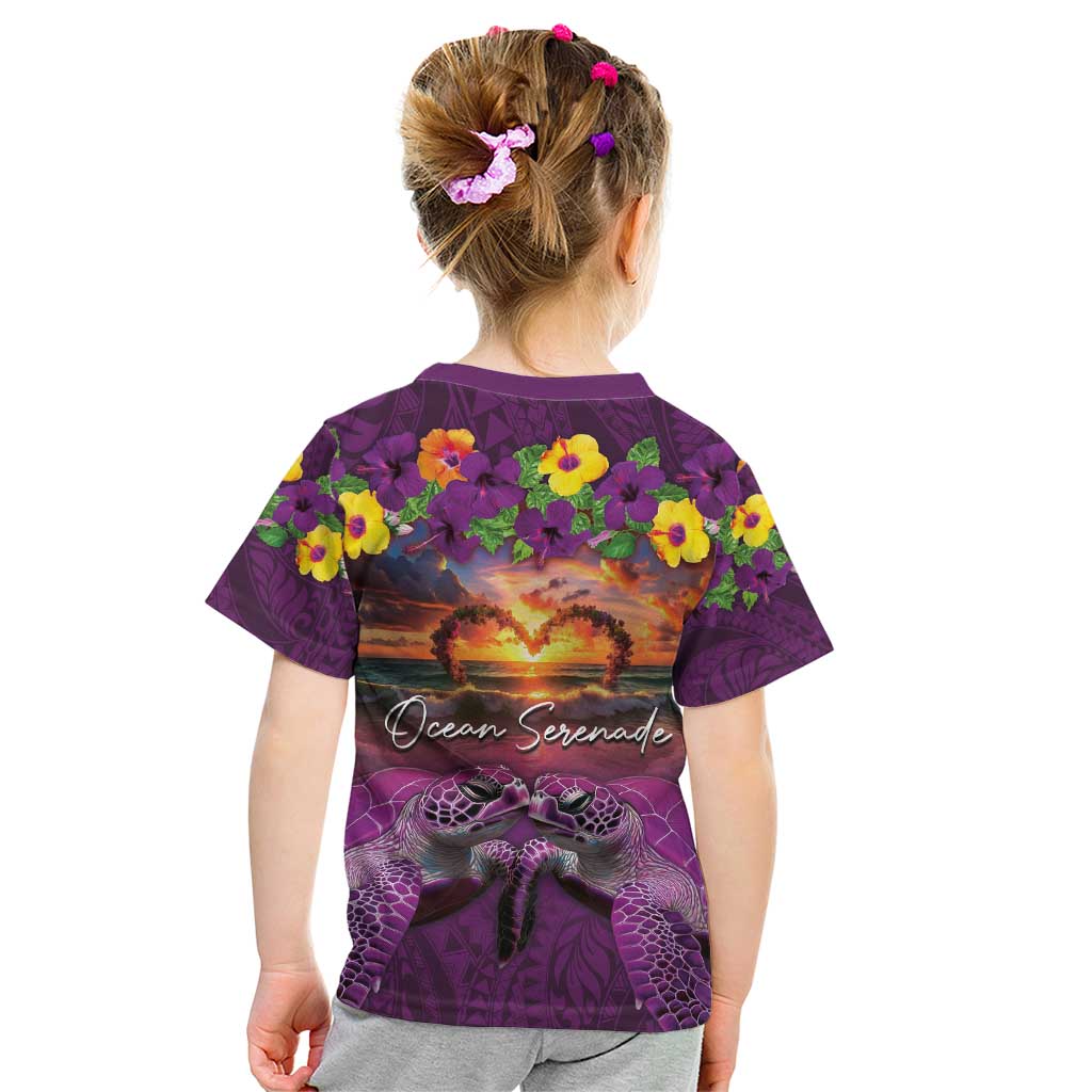 Hawaiian Turtle Love Couple Kid T Shirt Ocean Serenade - Honu Honi Ihu with Hibiscus and Romantic Sunset Purple Color LT03 - Polynesian Pride