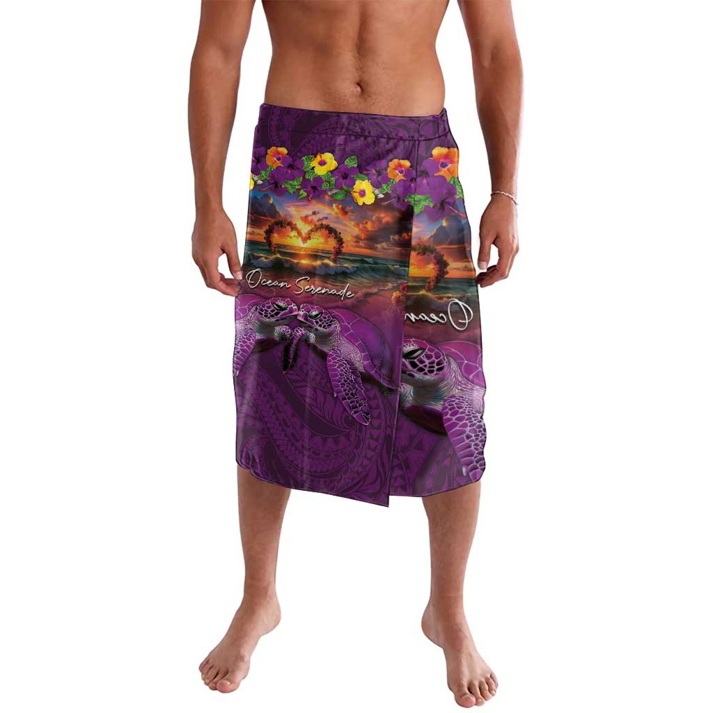 Hawaiian Turtle Love Couple Lavalava Ocean Serenade - Honu Honi Ihu with Hibiscus and Romantic Sunset Purple Color LT03 Purple - Polynesian Pride