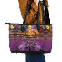 Hawaiian Turtle Love Couple Leather Tote Bag Ocean Serenade - Honu Honi Ihu with Hibiscus and Romantic Sunset Purple Color LT03 - Polynesian Pride
