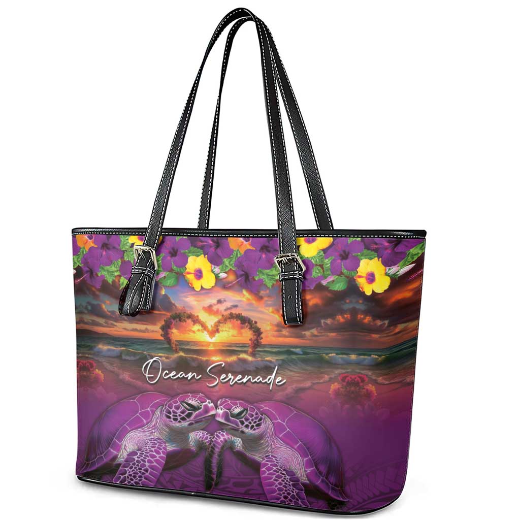Hawaiian Turtle Love Couple Leather Tote Bag Ocean Serenade - Honu Honi Ihu with Hibiscus and Romantic Sunset Purple Color LT03 - Polynesian Pride