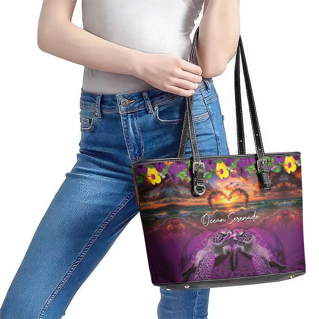 Hawaiian Turtle Love Couple Leather Tote Bag Ocean Serenade - Honu Honi Ihu with Hibiscus and Romantic Sunset Purple Color LT03 - Polynesian Pride