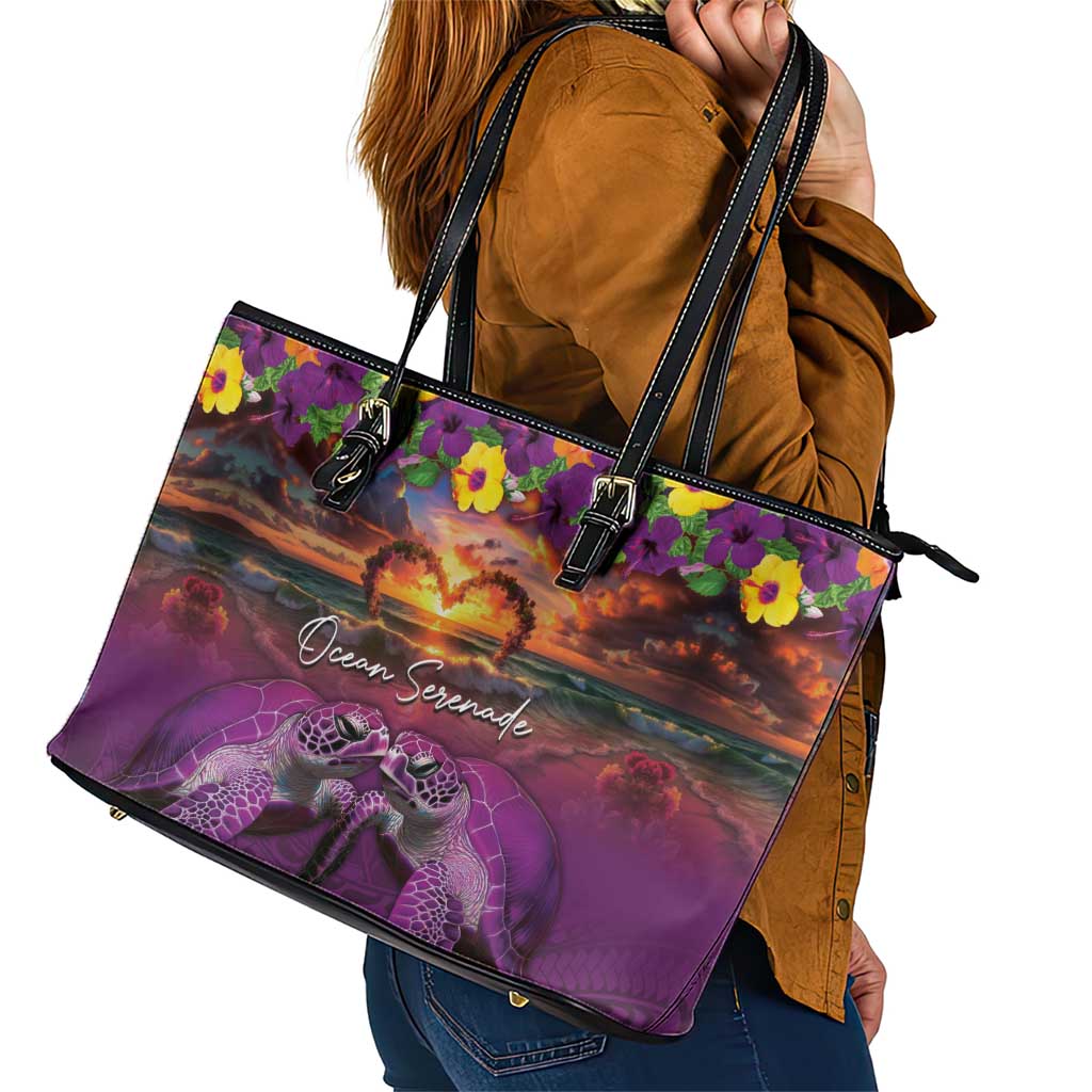 Hawaiian Turtle Love Couple Leather Tote Bag Ocean Serenade - Honu Honi Ihu with Hibiscus and Romantic Sunset Purple Color LT03 - Polynesian Pride