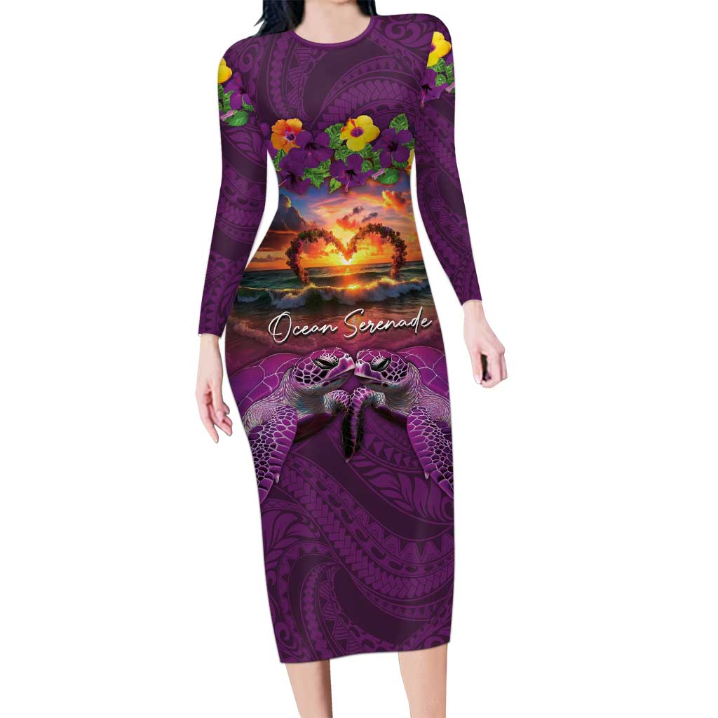 Hawaiian Turtle Love Couple Long Sleeve Bodycon Dress Ocean Serenade - Honu Honi Ihu with Hibiscus and Romantic Sunset Purple Color LT03 Long Dress Purple - Polynesian Pride