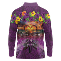 Hawaiian Turtle Love Couple Long Sleeve Polo Shirt Ocean Serenade - Honu Honi Ihu with Hibiscus and Romantic Sunset Purple Color LT03 - Polynesian Pride