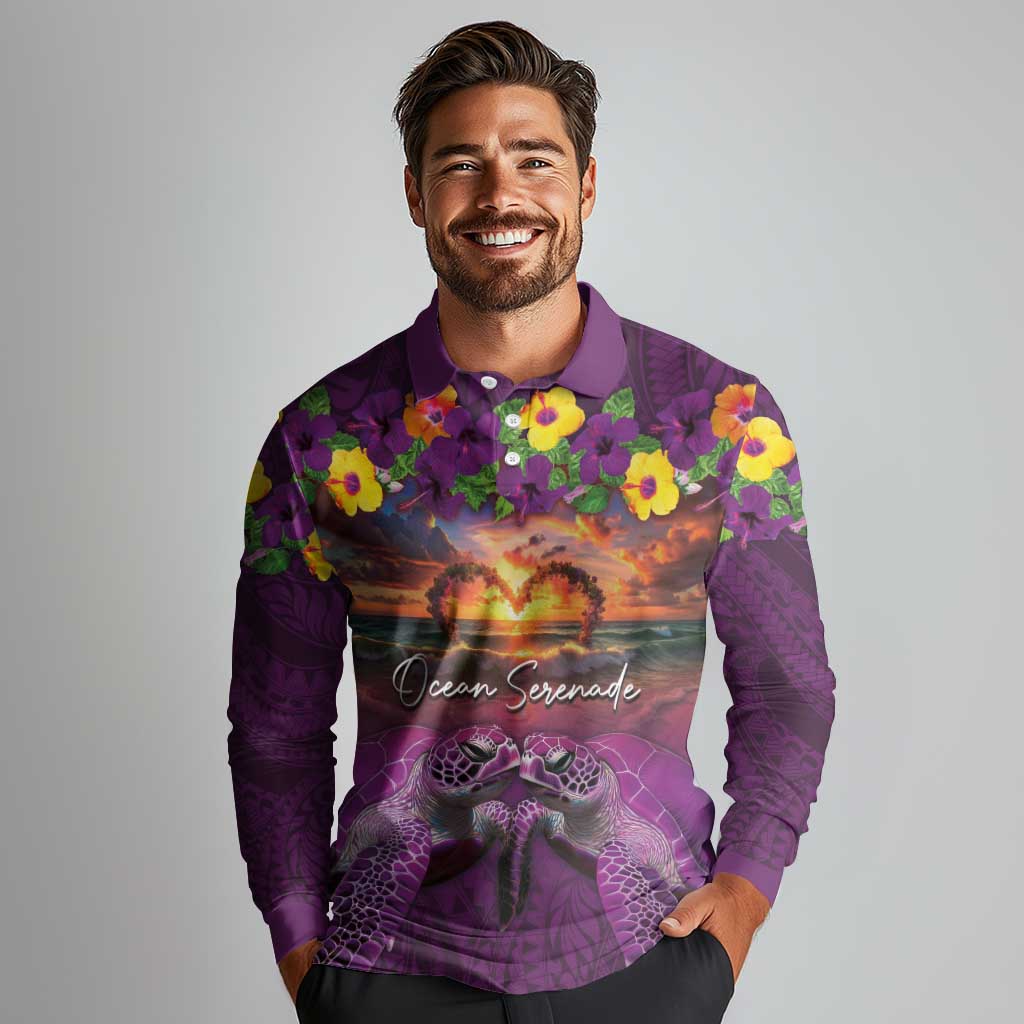 Hawaiian Turtle Love Couple Long Sleeve Polo Shirt Ocean Serenade - Honu Honi Ihu with Hibiscus and Romantic Sunset Purple Color LT03 - Polynesian Pride