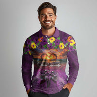 Hawaiian Turtle Love Couple Long Sleeve Polo Shirt Ocean Serenade - Honu Honi Ihu with Hibiscus and Romantic Sunset Purple Color LT03 - Polynesian Pride