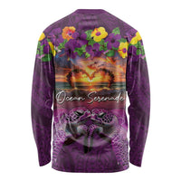 Hawaiian Turtle Love Couple Long Sleeve Shirt Ocean Serenade - Honu Honi Ihu with Hibiscus and Romantic Sunset Purple Color LT03 - Polynesian Pride