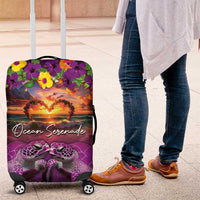 Hawaiian Turtle Love Couple Luggage Cover Ocean Serenade - Honu Honi Ihu with Hibiscus and Romantic Sunset Purple Color LT03 Purple - Polynesian Pride