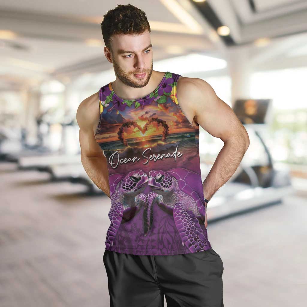 Hawaiian Turtle Love Couple Men Tank Top Ocean Serenade - Honu Honi Ihu with Hibiscus and Romantic Sunset Purple Color LT03 Purple - Polynesian Pride