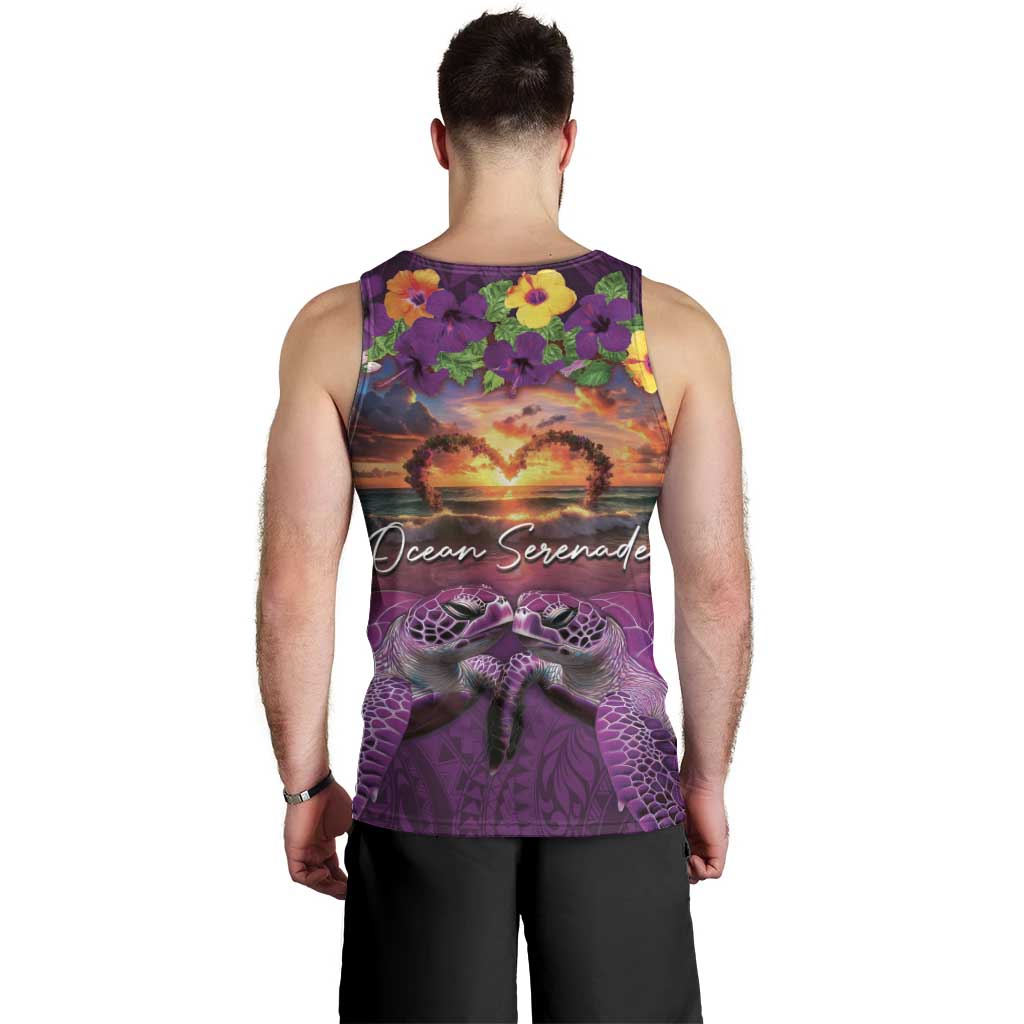 Hawaiian Turtle Love Couple Men Tank Top Ocean Serenade - Honu Honi Ihu with Hibiscus and Romantic Sunset Purple Color LT03 - Polynesian Pride
