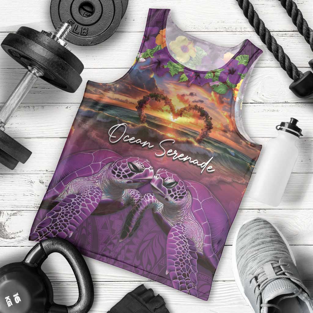 Hawaiian Turtle Love Couple Men Tank Top Ocean Serenade - Honu Honi Ihu with Hibiscus and Romantic Sunset Purple Color LT03 - Polynesian Pride