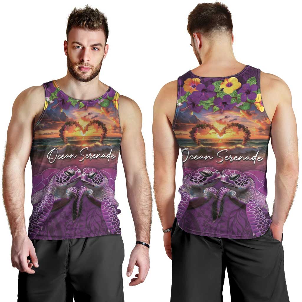 Hawaiian Turtle Love Couple Men Tank Top Ocean Serenade - Honu Honi Ihu with Hibiscus and Romantic Sunset Purple Color LT03 - Polynesian Pride