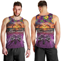Hawaiian Turtle Love Couple Men Tank Top Ocean Serenade - Honu Honi Ihu with Hibiscus and Romantic Sunset Purple Color LT03 - Polynesian Pride