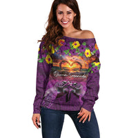 Hawaiian Turtle Love Couple Off Shoulder Sweater Ocean Serenade - Honu Honi Ihu with Hibiscus and Romantic Sunset Purple Color LT03 Women Purple - Polynesian Pride