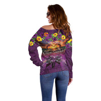 Hawaiian Turtle Love Couple Off Shoulder Sweater Ocean Serenade - Honu Honi Ihu with Hibiscus and Romantic Sunset Purple Color LT03 - Polynesian Pride