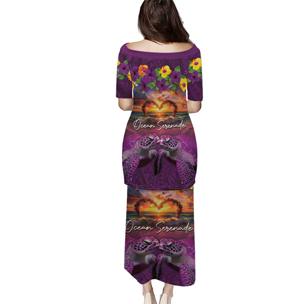 Hawaiian Turtle Love Couple Puletasi Ocean Serenade - Honu Honi Ihu with Hibiscus and Romantic Sunset Purple Color LT03 - Polynesian Pride