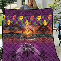 Hawaiian Turtle Love Couple Quilt Ocean Serenade - Honu Honi Ihu with Hibiscus and Romantic Sunset Purple Color LT03 Purple - Polynesian Pride